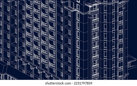 Isometric Residential luxury Hotel Apartment building 3D sketch illustration vector eps10 blueprint