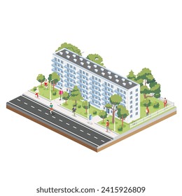 Isometric residential six storey building with people, road and trees. Icon or infographic element. Vector illustration. City home. Architectural symbol isolated on white background. 3D object.