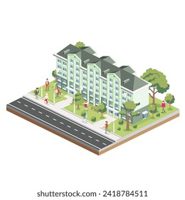 Isometric residential six storey building with people, road and trees. Icon or infographic element. Vector illustration. City home. Architectural symbol isolated on white background. 3D object.