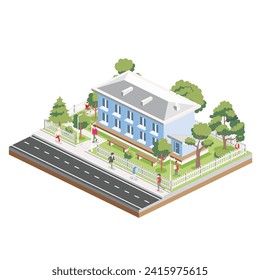 Isometric residential two storey building with people, road and trees. Icon or infographic element. Vector illustration. City home. Architectural symbol isolated on white background. 3D object.