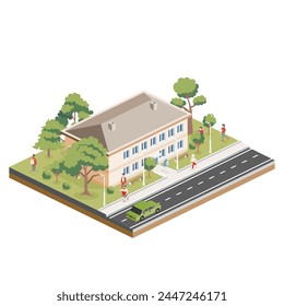 Isometric residential two storey building with people, road and trees. Icon or infographic element. Vector illustration. City home. Architectural symbol isolated on white background. 3D object.