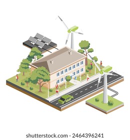 Edificio residencial isométrico de dos plantas con paneles solares y turbinas eólicas. Casa ecológica verde. Elemento infográfico. Elemento infográfico. Ilustración vectorial. Casa de la ciudad. Árboles con gente.