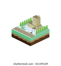 isometric residential view cartoon theme vector illustration