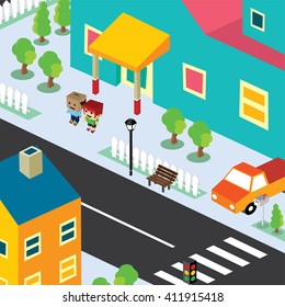 isometric residential view cartoon theme