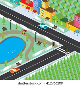 isometric residential view cartoon theme vector illustration