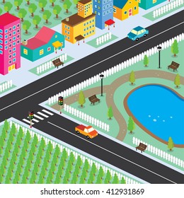 isometric residential view cartoon theme vector illustration