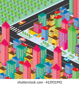 isometric residential view cartoon theme vector illustration