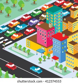 isometric residential view cartoon - traffic jam