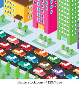 Isometric Residential View Cartoon - Traffic Jam