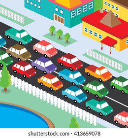 isometric residential view cartoon - traffic jam