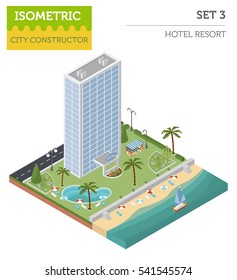 Isometric resort hotel  and city map constructor elements solated on white. Build your own infographics collection. Vector illustration