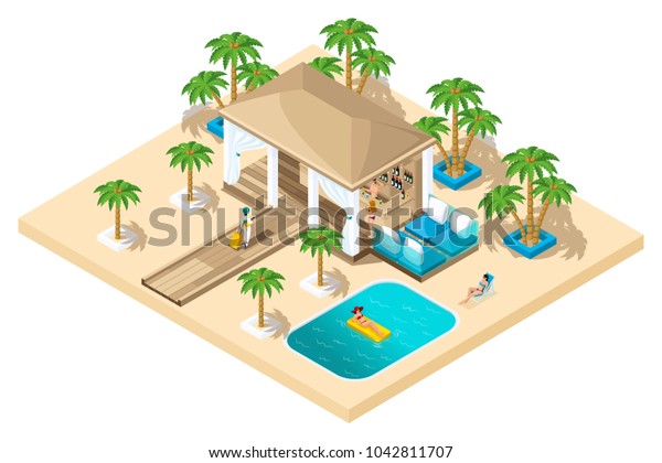 Isometric rest house, a girl with a suitcase from\
the plane goes to the reception, luxurious rest, palm trees, pool,\
sand