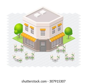 Isometric Restaurant Building With Outdoor Seating.