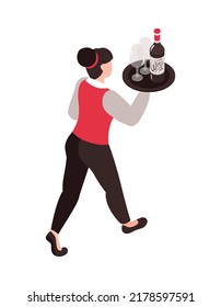 Isometric restaurant composition with isolated human character of waiter with tray vector illustration