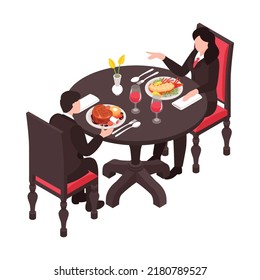 Composición isométrica del restaurante con personajes humanos aislados en la ilustración del vector de mesa