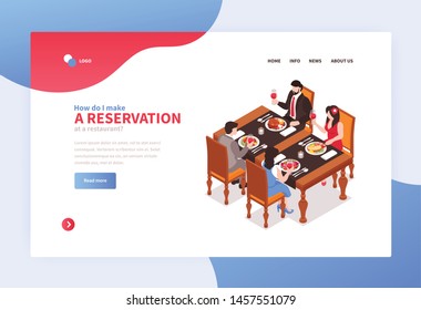 Isometric restaurant concept banner for web site landing page with clickable links buttons and editable text vector illustration