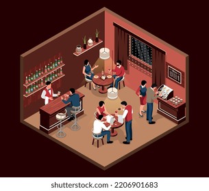 Isometric restaurant concept with people having dinner in cozy interior vector illustration