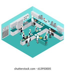 Isometric restaurant cooking concept with people preparing different meals and dishes in kitchen room vector illustration