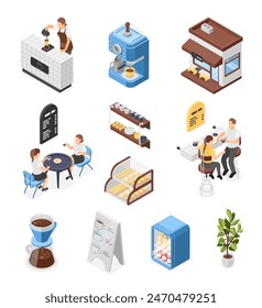 Isometric restaurant elements. Cafe or cafeteria workers doing filter coffee. Women drink tea, meeting in bar. Food court furniture, flawless vector collection