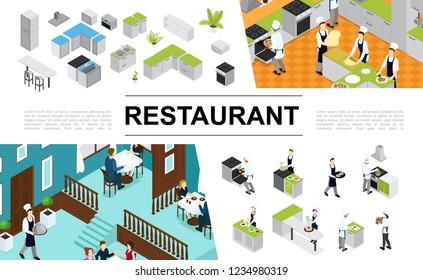 Isometric restaurant elements collection with kitchen interior furniture chefs cooking different dishes and meals waiter visitors sitting at table vector illustration