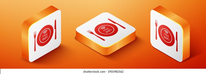 Isometric Restaurant Free Wi-Fi zone icon isolated on orange background. Plate, fork and knife sign. Orange square button. Vector.