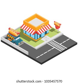 isometric restaurant hotdog, vector illustration