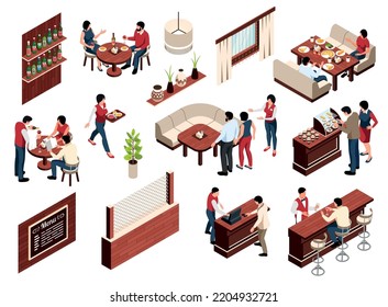 Isometric restaurant icons set with furniture interior and working staff isolated vector illustration