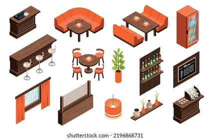 Isometric restaurant interior icons set with furniture and decor items isolated vector illustration