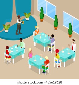 Isometric Restaurant Interior with People. Vector illustration