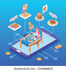 Isometric restaurant rating composition with food blogger and internet review vector illustration