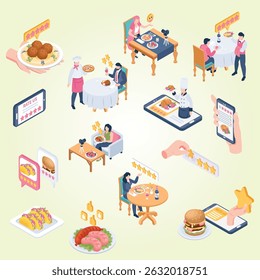 Isometric restaurant rating infographics with 5 star reviews vector illuustration mobile survey outline web reputation favorite hand luxury happy good performance five stars rating