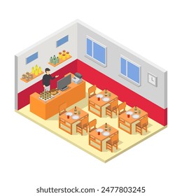 Isometric restaurant room illustrated on white background