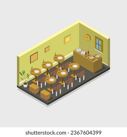 Sala de restaurante isométrica ilustrada en vector sobre fondo