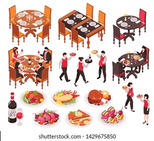 Isometric restaurant set with isolated tables with chairs dishes drinks and faceless human characters of waiters vector illustration