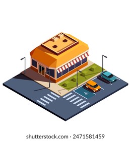 isometric restaurant with street parking, vector illustration