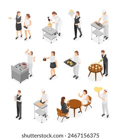 Isometric restaurant team. Chefs preparing meals and cooking, waiter with client and administrator. Pizza maker, friends meet, flawless vector set