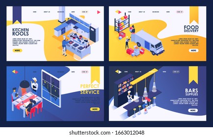 Isometric restaurant vector illustration. Kitchen with cooking food, people ordering dinner in restaurant, food delivery, clientele barista in bar counter. Catering business landing page set