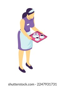 Isometric restaurant waiter composition with isolated human character of worker in uniform vector illustration