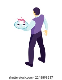 Composición de camarero de restaurante isométrico con carácter humano aislado de trabajador con ilustración vectorial uniforme