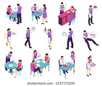Isometric restaurant waiter set with isolated images of people attending cafe and waiter characters in uniform vector illustration