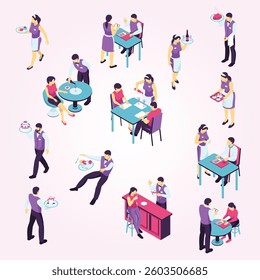 Isometric restaurant waiter set with isolated images of people attending cafe and waiter characters in uniform