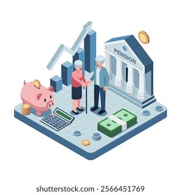 Isometric Retired Elderly Couple with Pension System and Retirement Elements. Pension System and Retirement Planning Concept