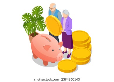 Isometric Retirement savings concept. Financial independence idea. Economy and wealth. Grandparents saved up money for comfortable old age.