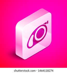 Isometric Retractable cord leash with carabiner icon isolated on pink background. Pet dog lead. Pet supplies. Animal accessory for outdoors walk. Silver square button. Vector Illustration
