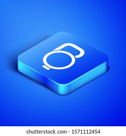 Isometric Retractable cord leash with carabiner icon isolated on blue background. Pet dog lead. Animal accessory for outdoors walk. Blue square button. Vector Illustration