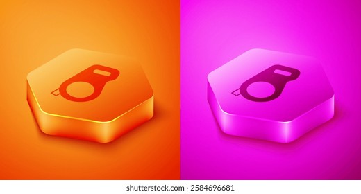Isometric Retractable cord leash with carabiner icon isolated on orange and pink background. Pet dog lead. Animal accessory for outdoors walk. Hexagon button. Vector