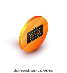 Isometric Retro audio cassette tape icon isolated on white background. Orange circle button. Vector Illustration