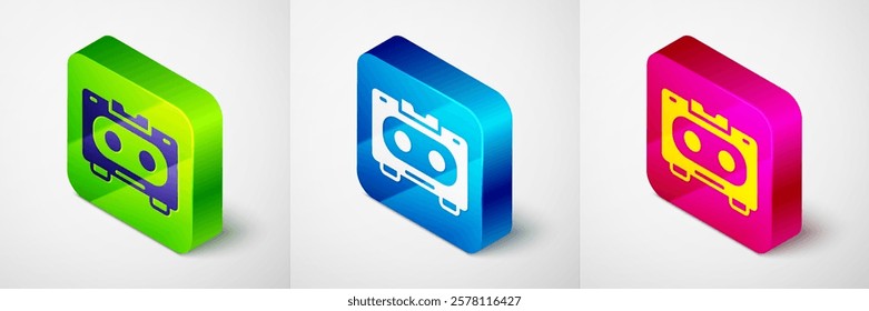 Isometric Retro audio cassette tape icon isolated on grey background. Square button. Vector