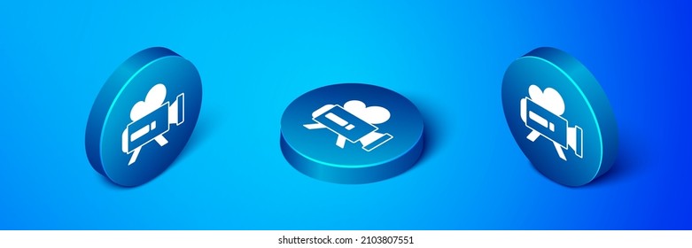 Isometric Retro icono de la cámara de cine aislado en fondo azul. Cámara de video. Signo de película. Proyector de película. Botón de círculo azul. Vector