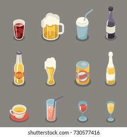 Isometric Retro Flat Alcohol Beer Juice Tea Wine Icons Drink and Symbols Set Vector Illustration